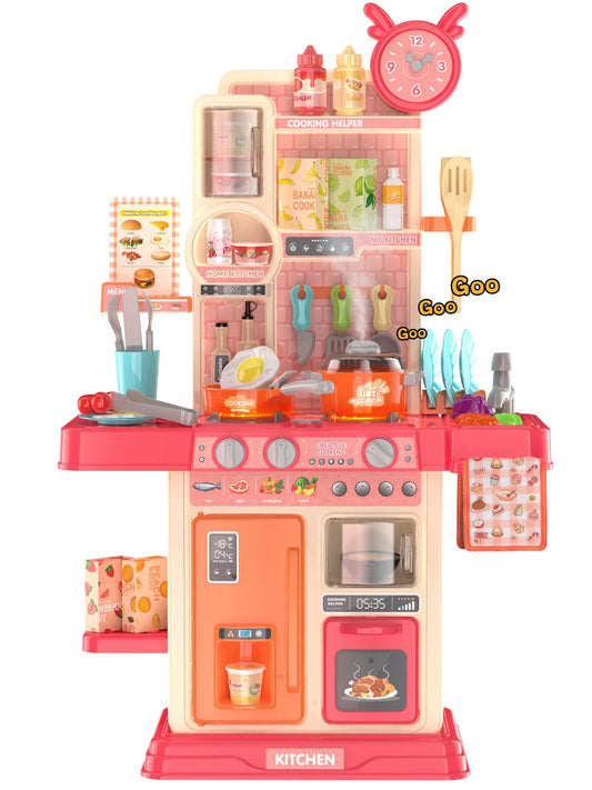 TWFRIC Play Kitchen red stove steam helps kids imagine cooking adventures at home.