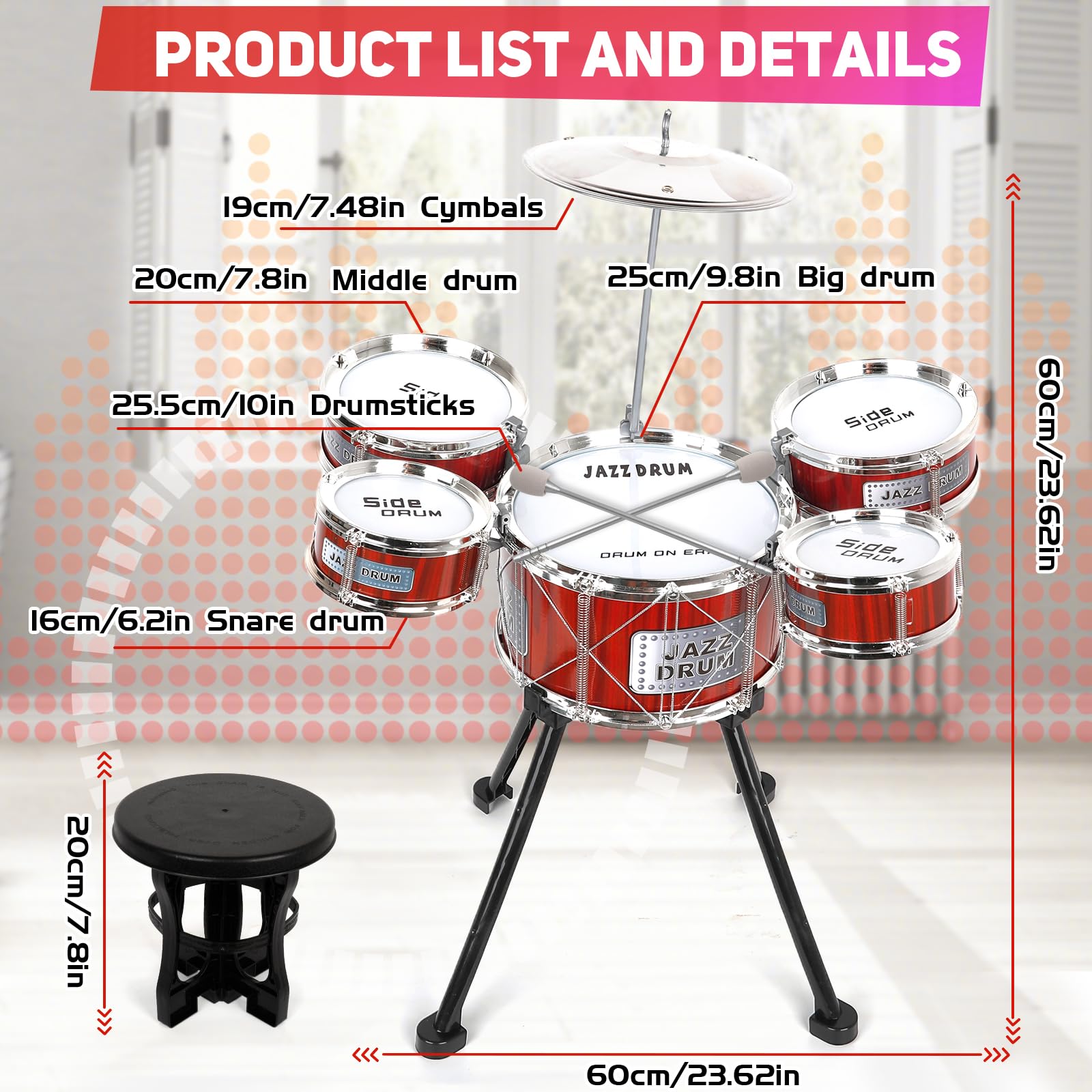 TWFRIC Toy Drum Kit five toms close-up showcases full mini drum set