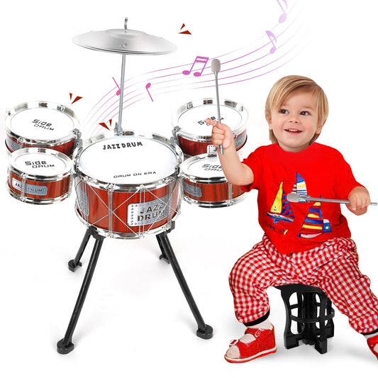 TWFRIC Toy Drum Kit unboxed view showing five-drum setup for beginner musicians