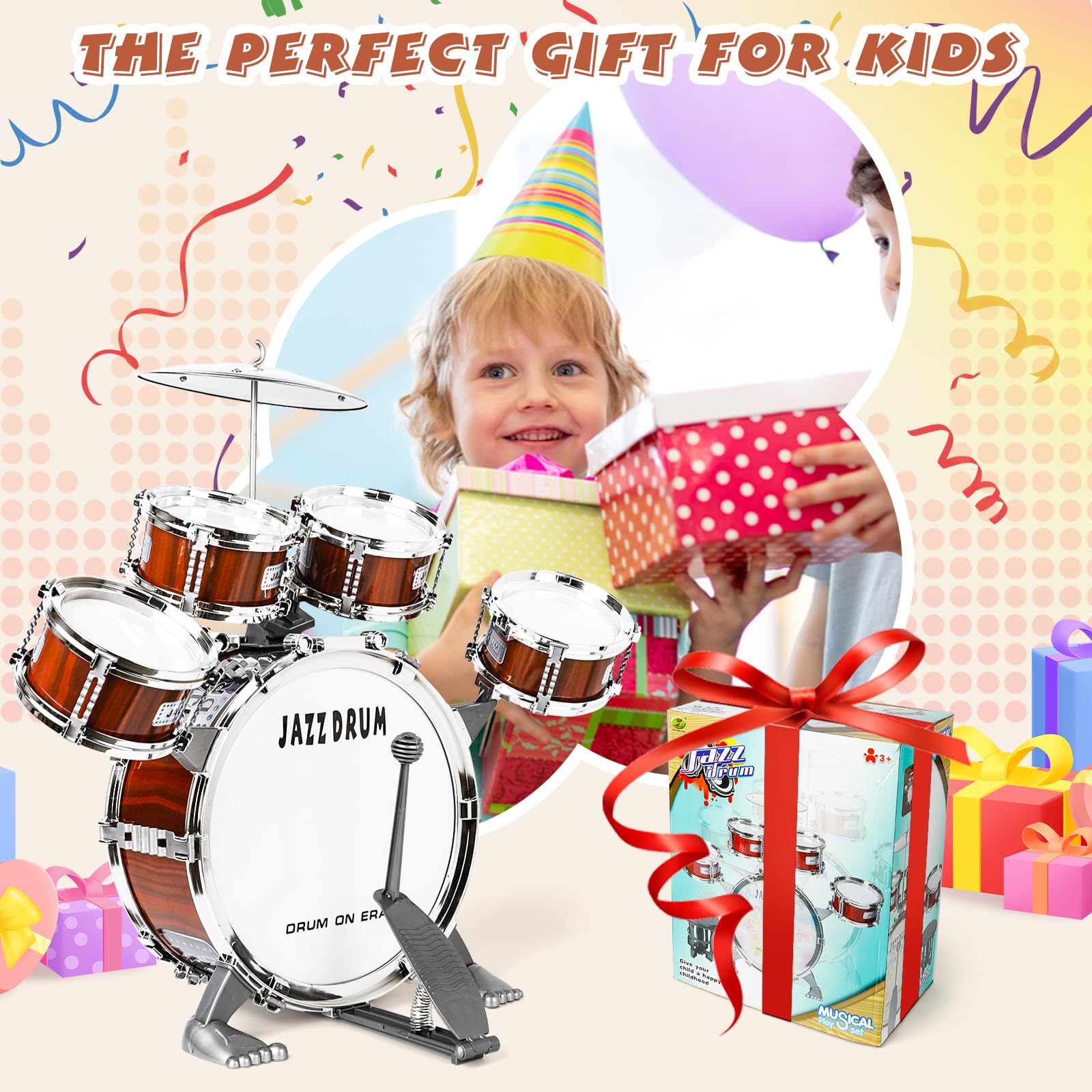 TWFRIC drum set tilted-drums image shows easy reach for young players.