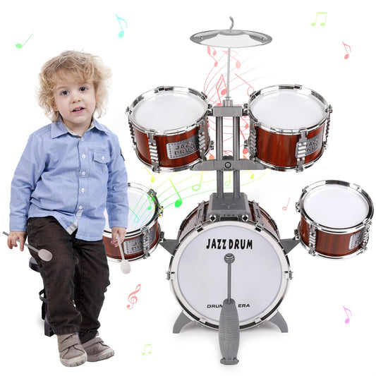 TWFRIC toy drum set with stool for kids, easy setup and playful practice.