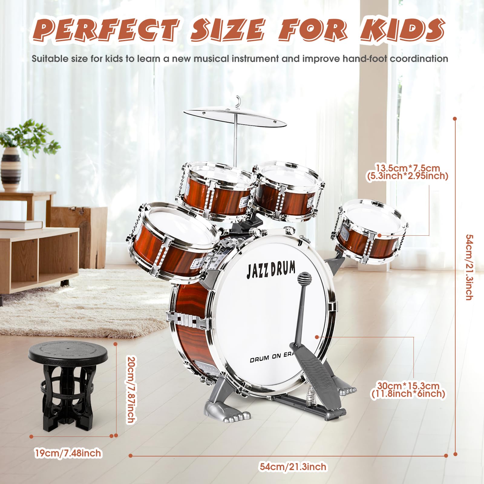 TWFRIC drum sticks with foam tips enable gentle drumming for beginners.
