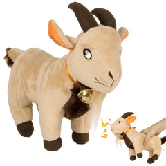 Twiddler Toys Screaming Goat plush on a desk for playful pranks.
