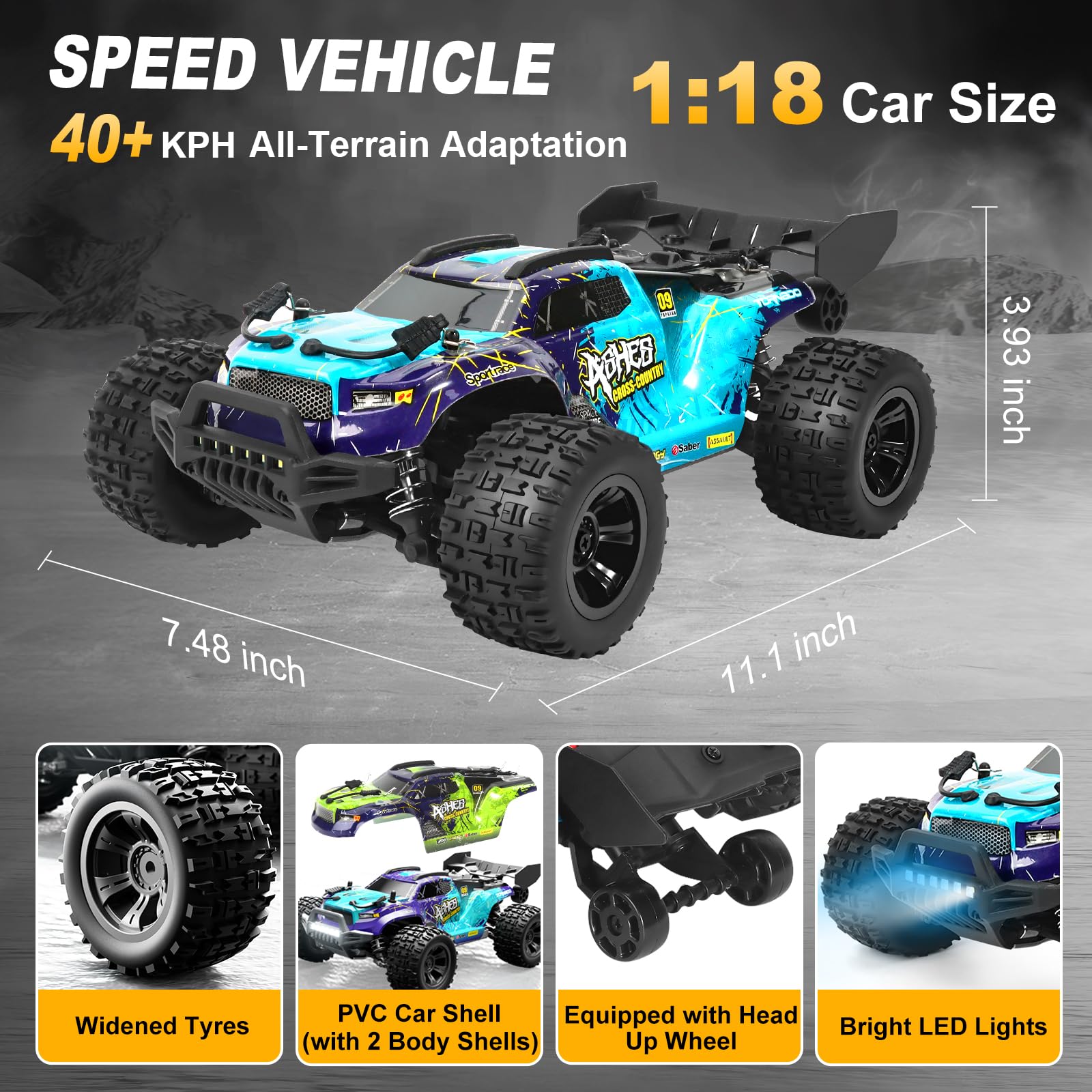 TWIKOMI 1:18-scale RC car side view showing rugged chassis