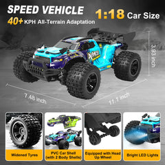 TWIKOMI 1:18-scale RC car side view showing rugged chassis