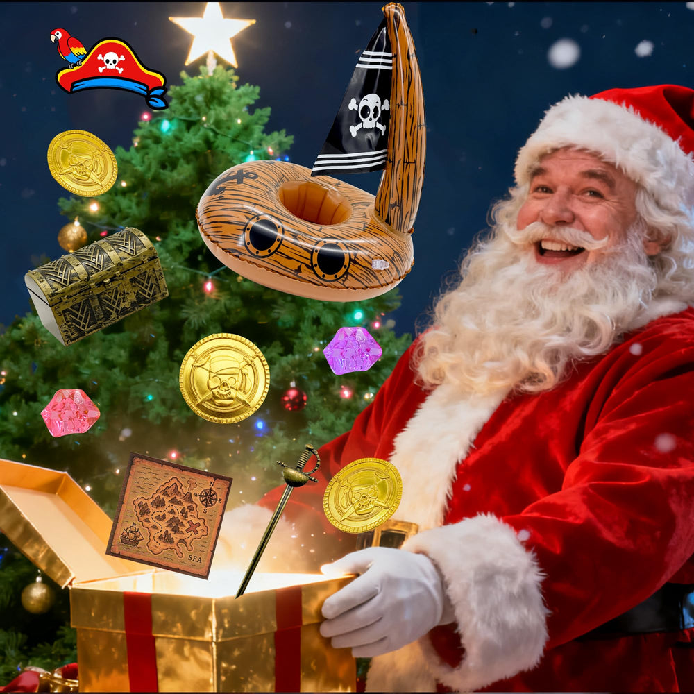 Twinjoykle elf posed with pirate props for interactive festive display.
