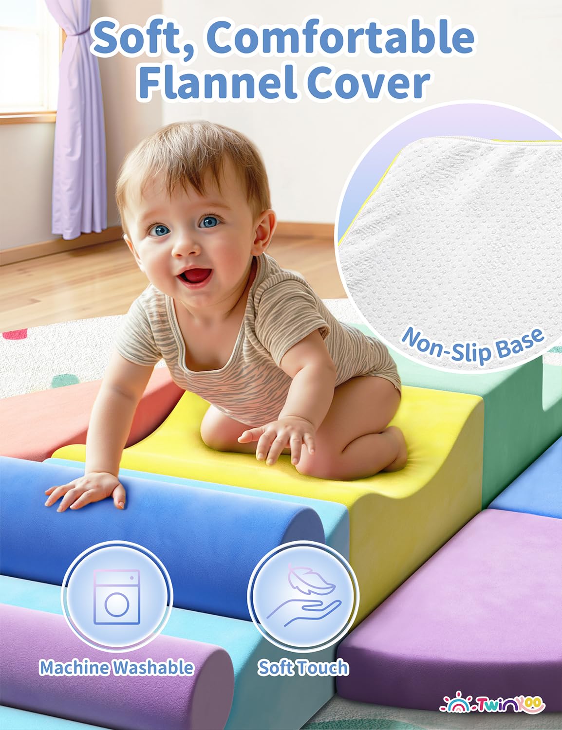 Twinkoo extralarge soft fabric-covered blocks offer gentle touch and easy cleaning.