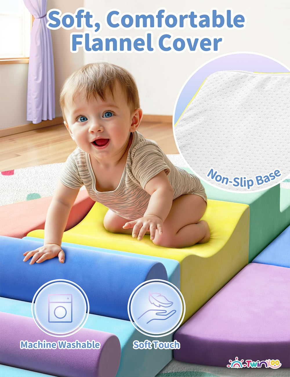 Twinkoo extralarge soft fabric-covered blocks offer gentle touch and easy cleaning.