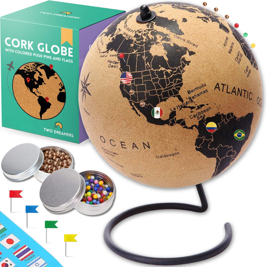 Two Dreamers large cork globe 12.6 tall on a desk, a stylish travel centerpiece.