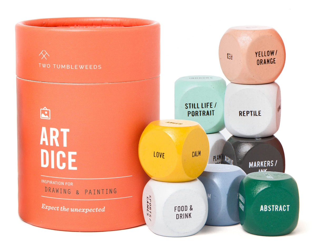 Two Tumbleweeds Art Dice display color-coded wood dice ready for creativity