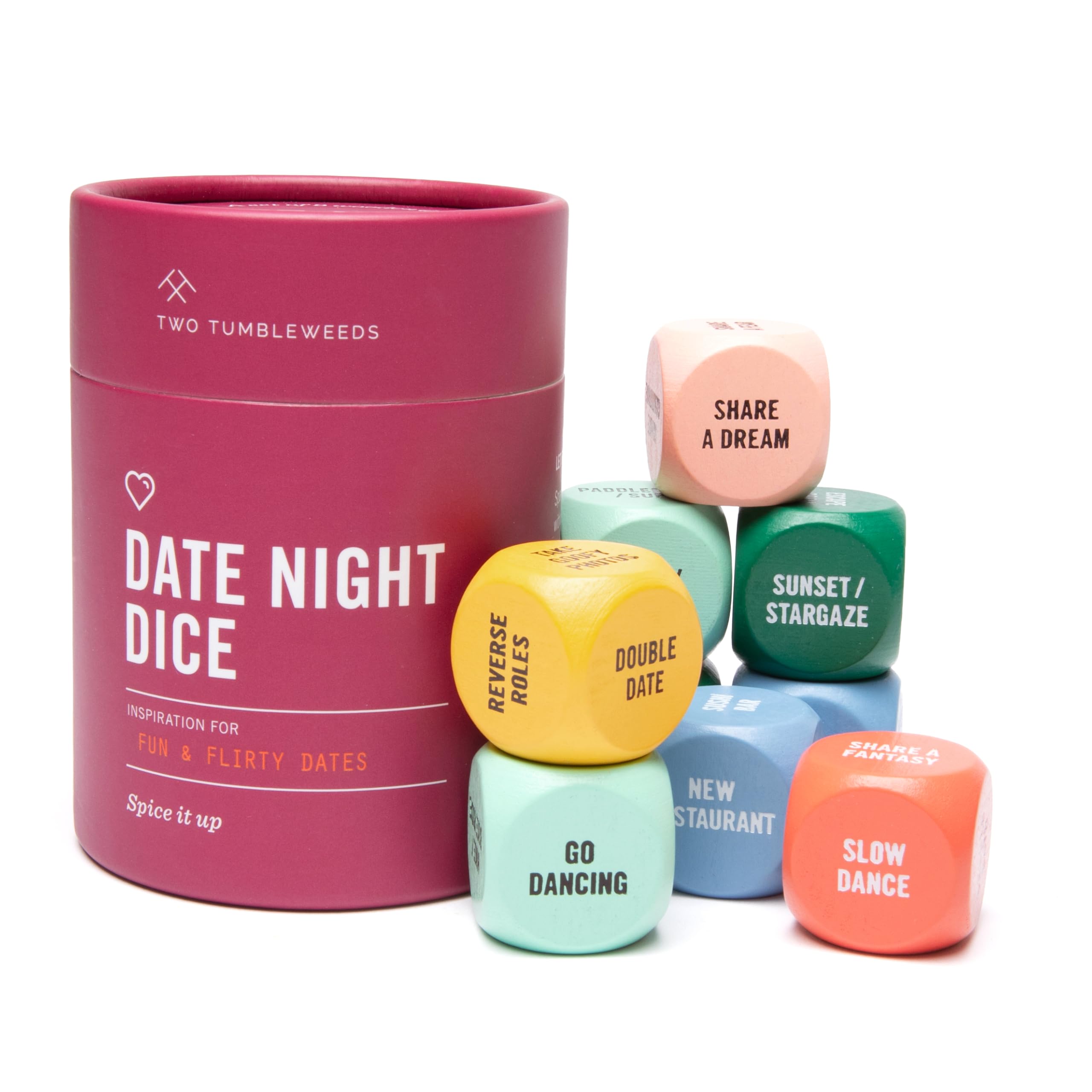 Two Tumbleweeds Date Night Dice setup with color-coded categories for planning