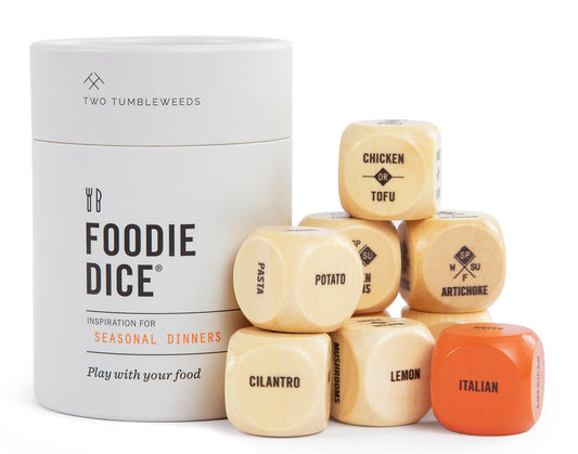 Two Tumbleweeds Foodie Dice in a reusable tube for quick, creative meals.