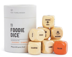 Two Tumbleweeds Foodie Dice in a reusable tube for quick, creative meals.