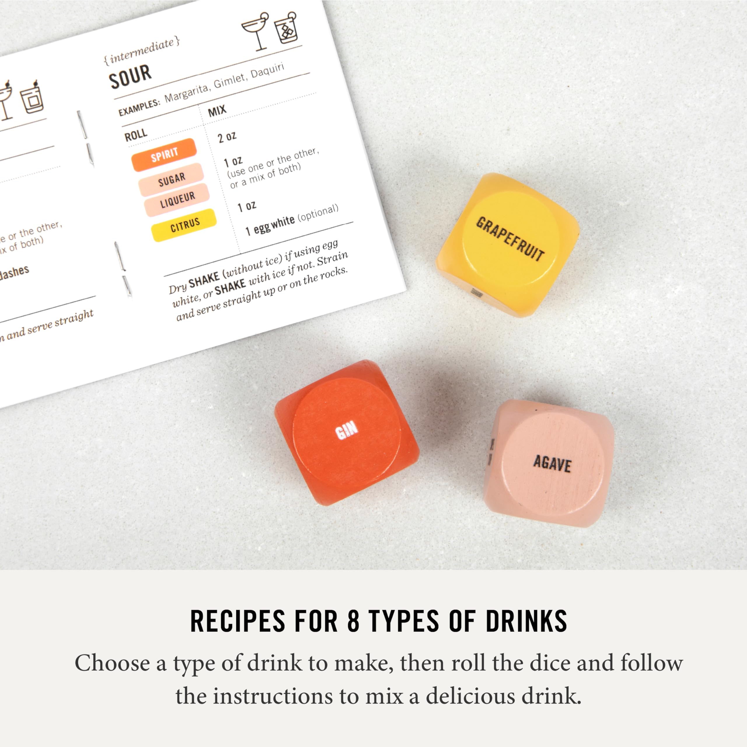 Two Tumbleweeds dice-liqueur near a tasting tray for varied flavor ideas