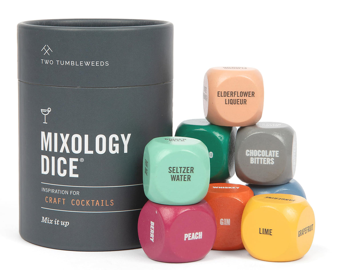 Two Tumbleweeds Mixology Dice set shown color-coded for quick drink ideas and planning