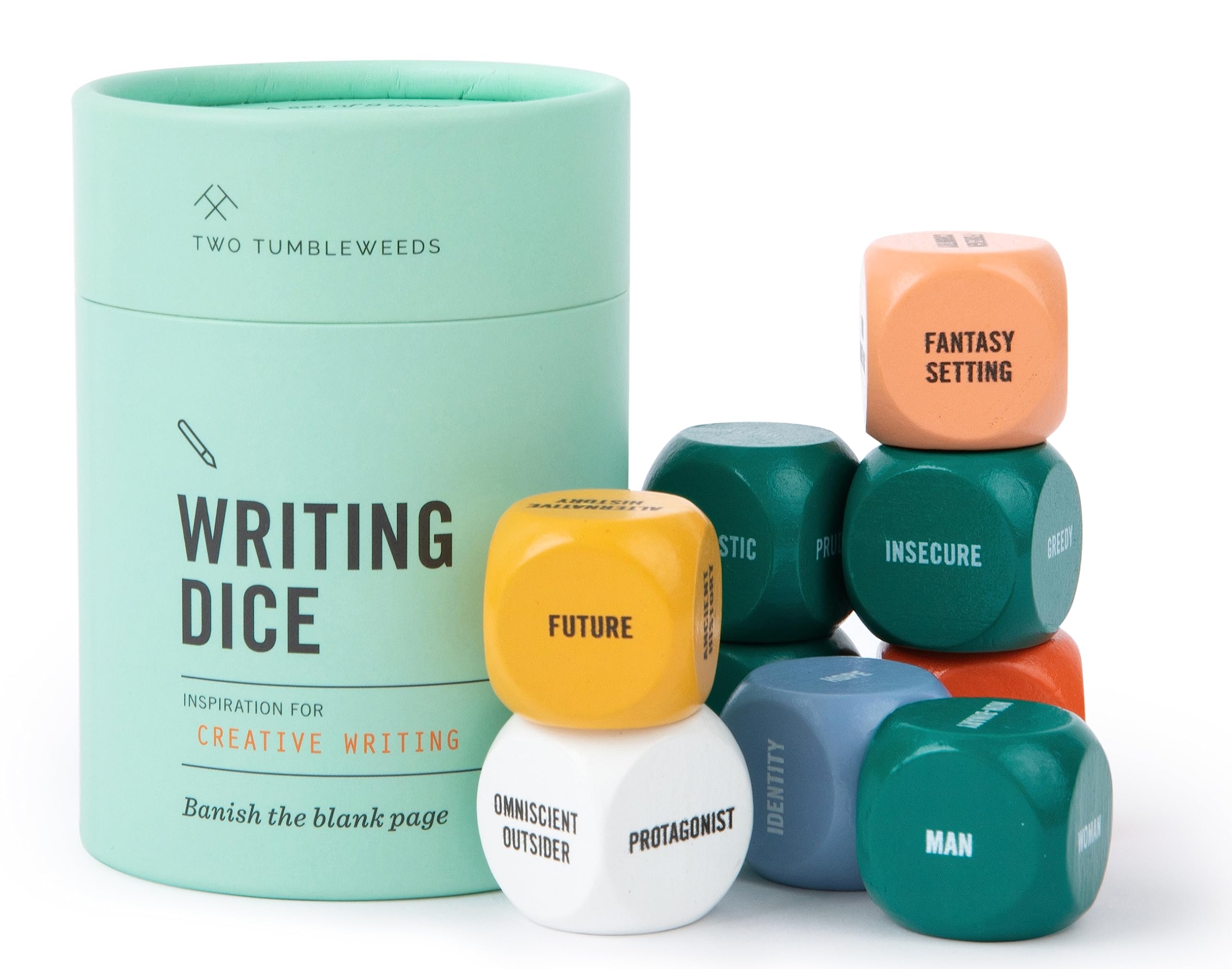 Two Tumbleweeds Writing Dice collection shows nine color-coded dice for prompt variety.