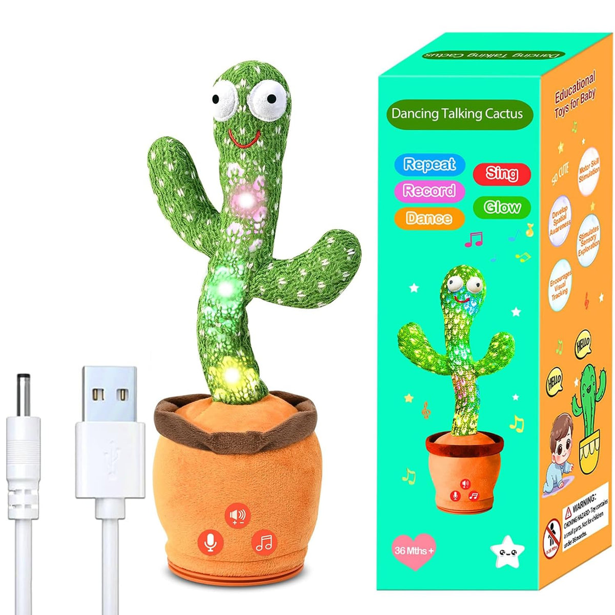 TWORIVER rechargeable dancing cactus toy front view for uninterrupted playtime