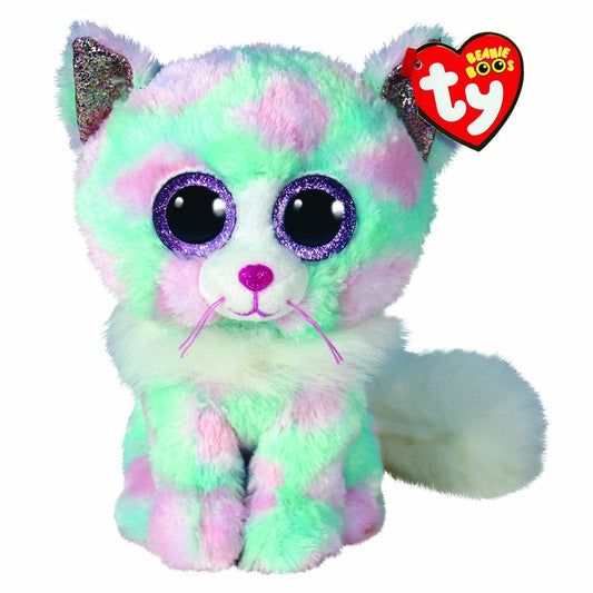 Ty Beanie Boo Opal cat in green and pink fur, a cuddly travel companion.