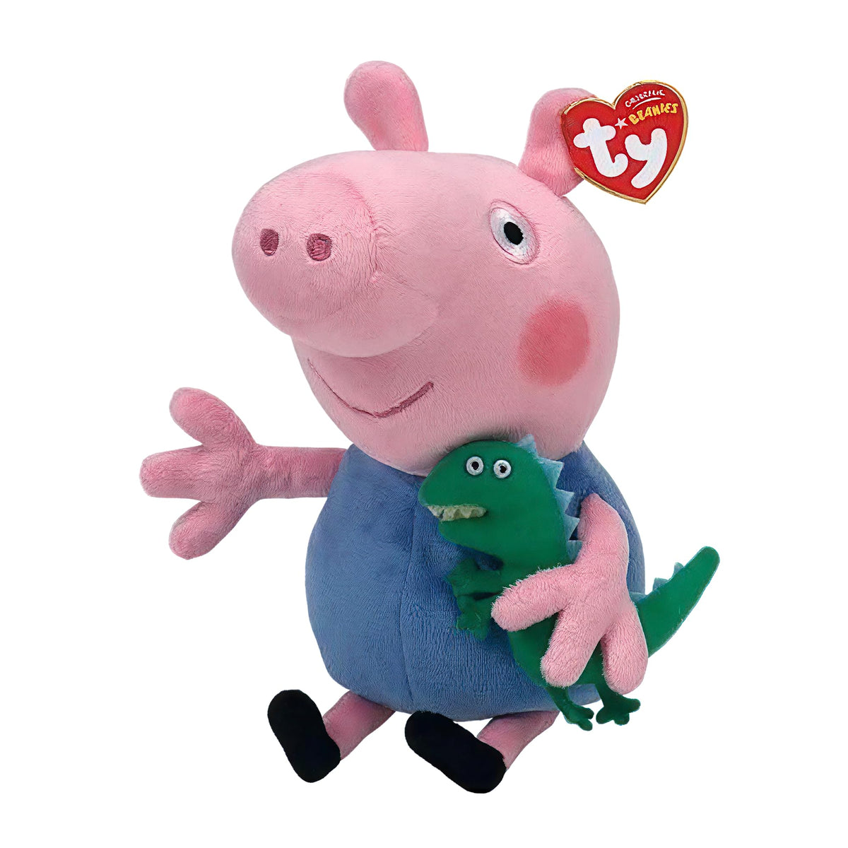 Ty George pig Beanie Baby standing on a shelf for display and collection.