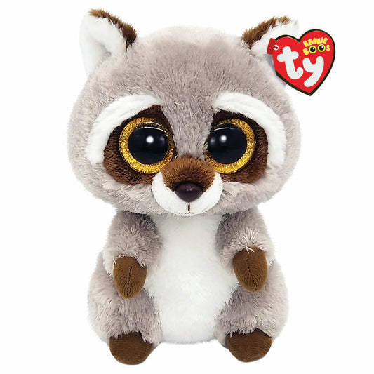 Ty Beanie Boo Oakie the gray raccoon plush, 15 cm tall, cuddly travel companion.