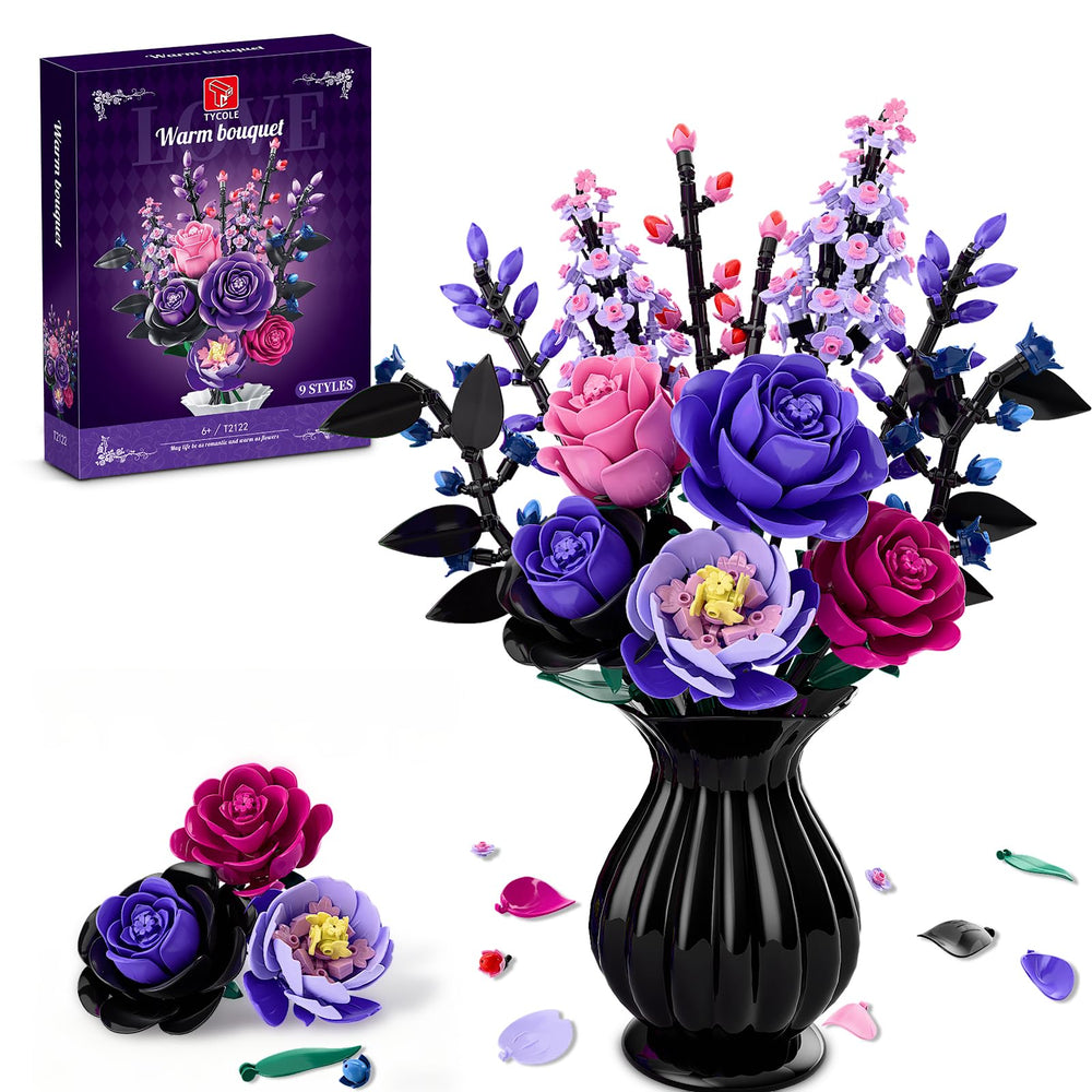 TYCOLE Flowers Building Set with purple roses assembly for a lifelike bouquet display.