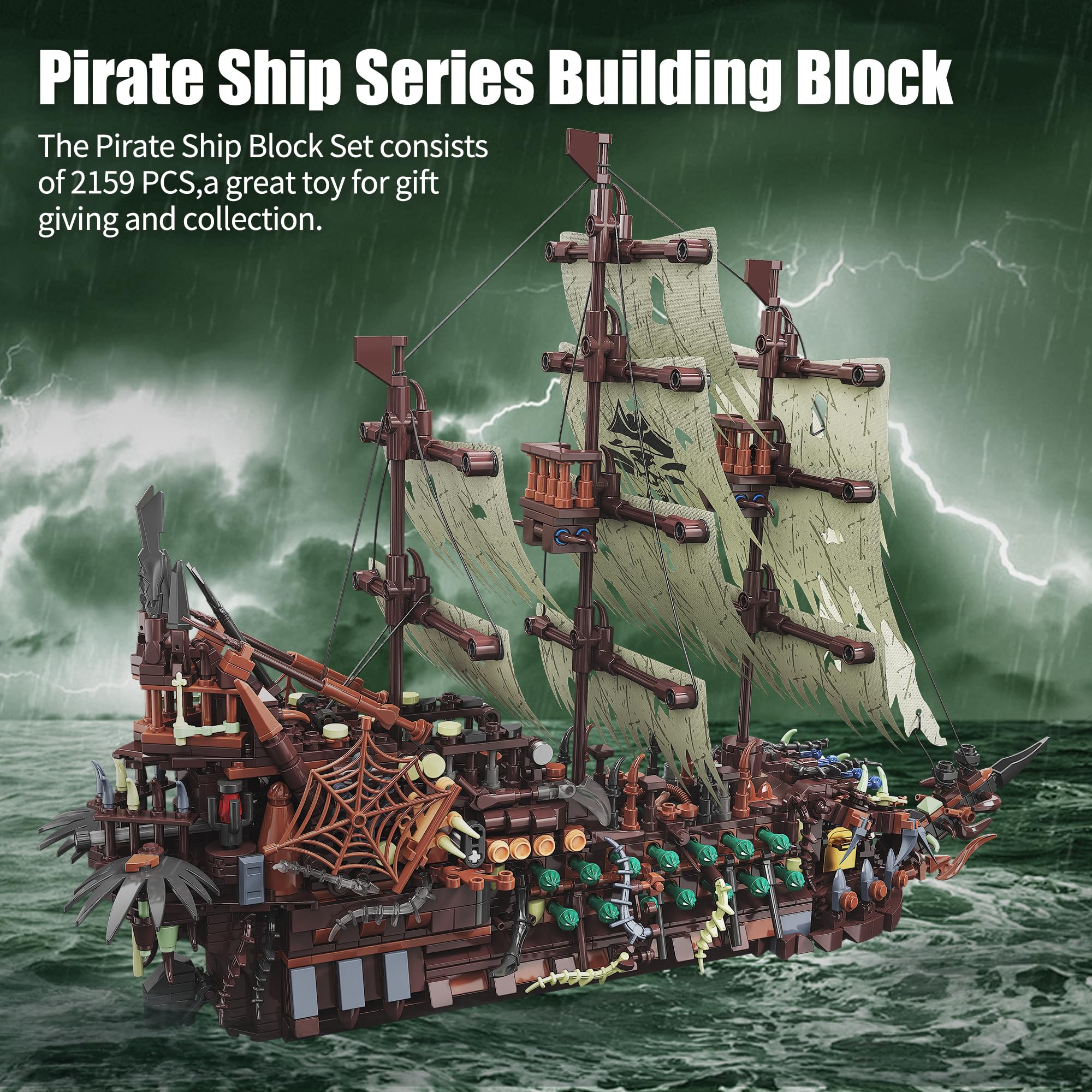 TYCOLE ghost pirate ship brick model on display stand