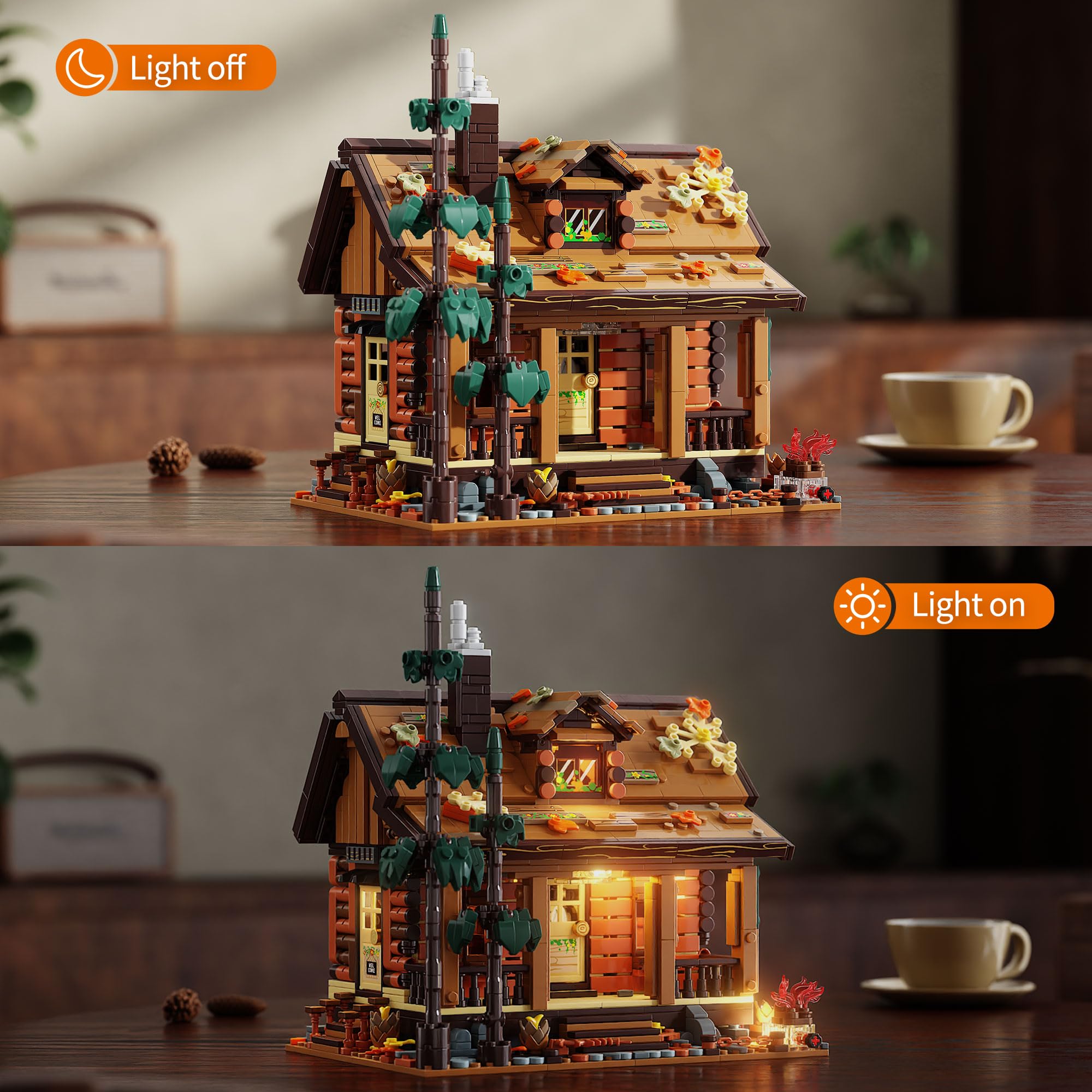 TYCOLE log cabin living area with sofas and fireplace for realism