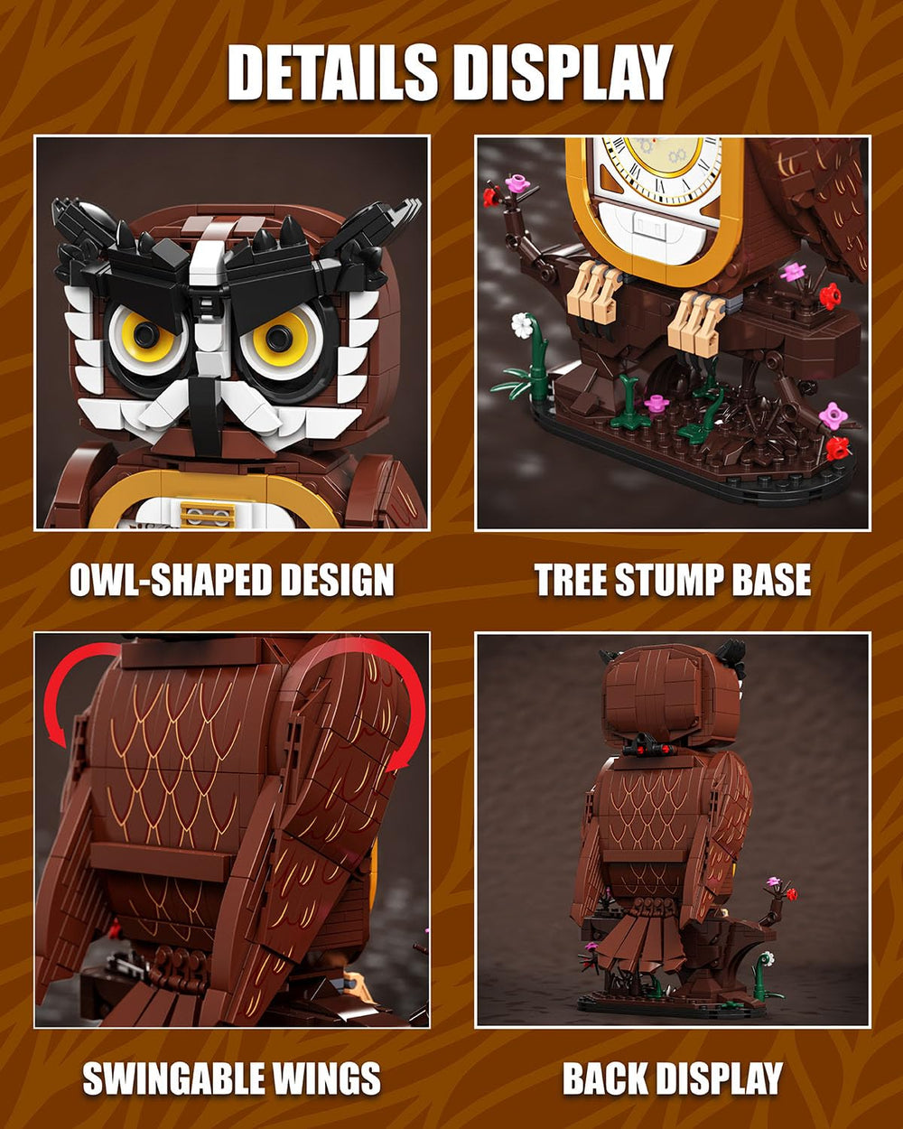 TYCOLE owl clock perched on a tree-stump display base for woodland charm