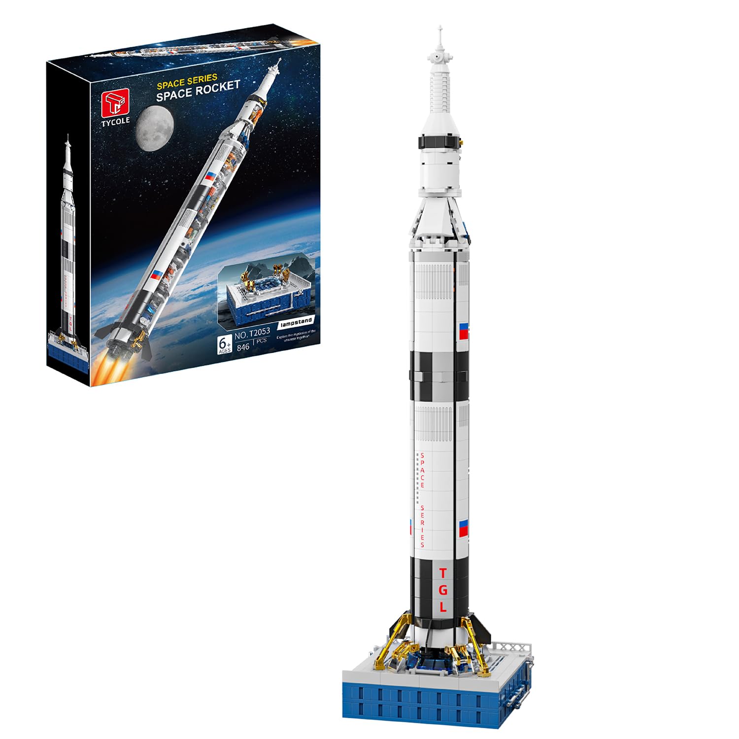 TYCOLE Space Rocket Building Set on launch stand, desk display and STEM curiosity.