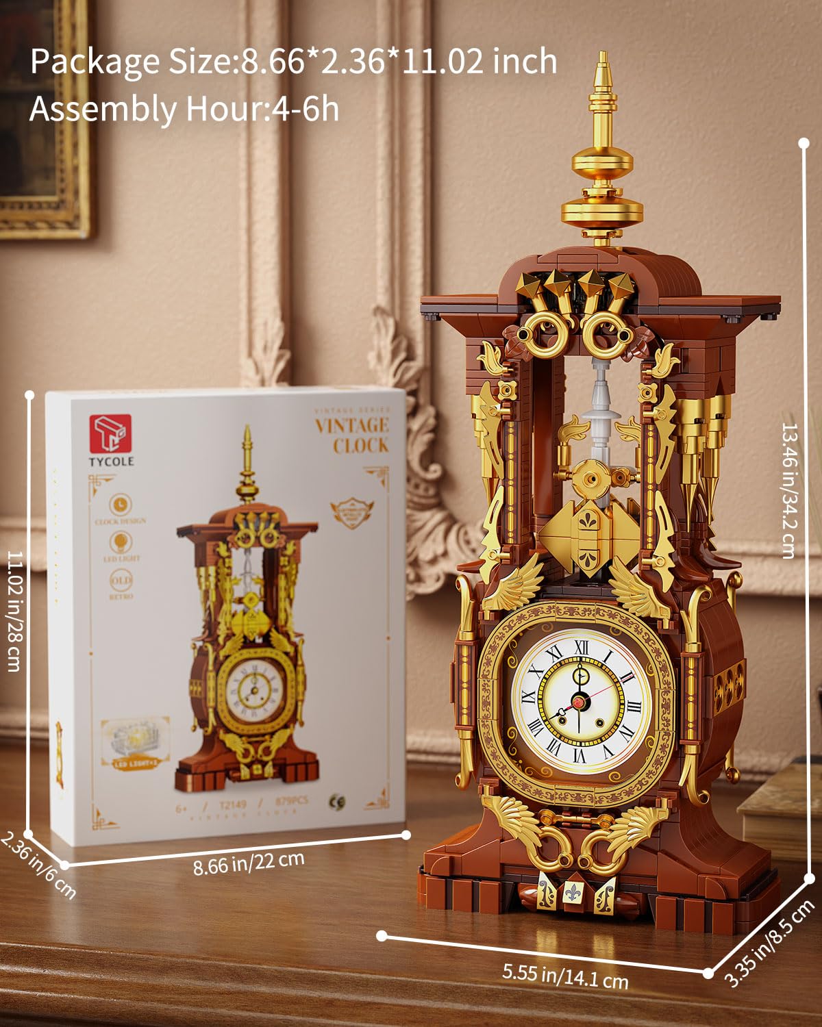 TYCOLE Vintage Clock Building Block Set on desk as a decorative and educational piece