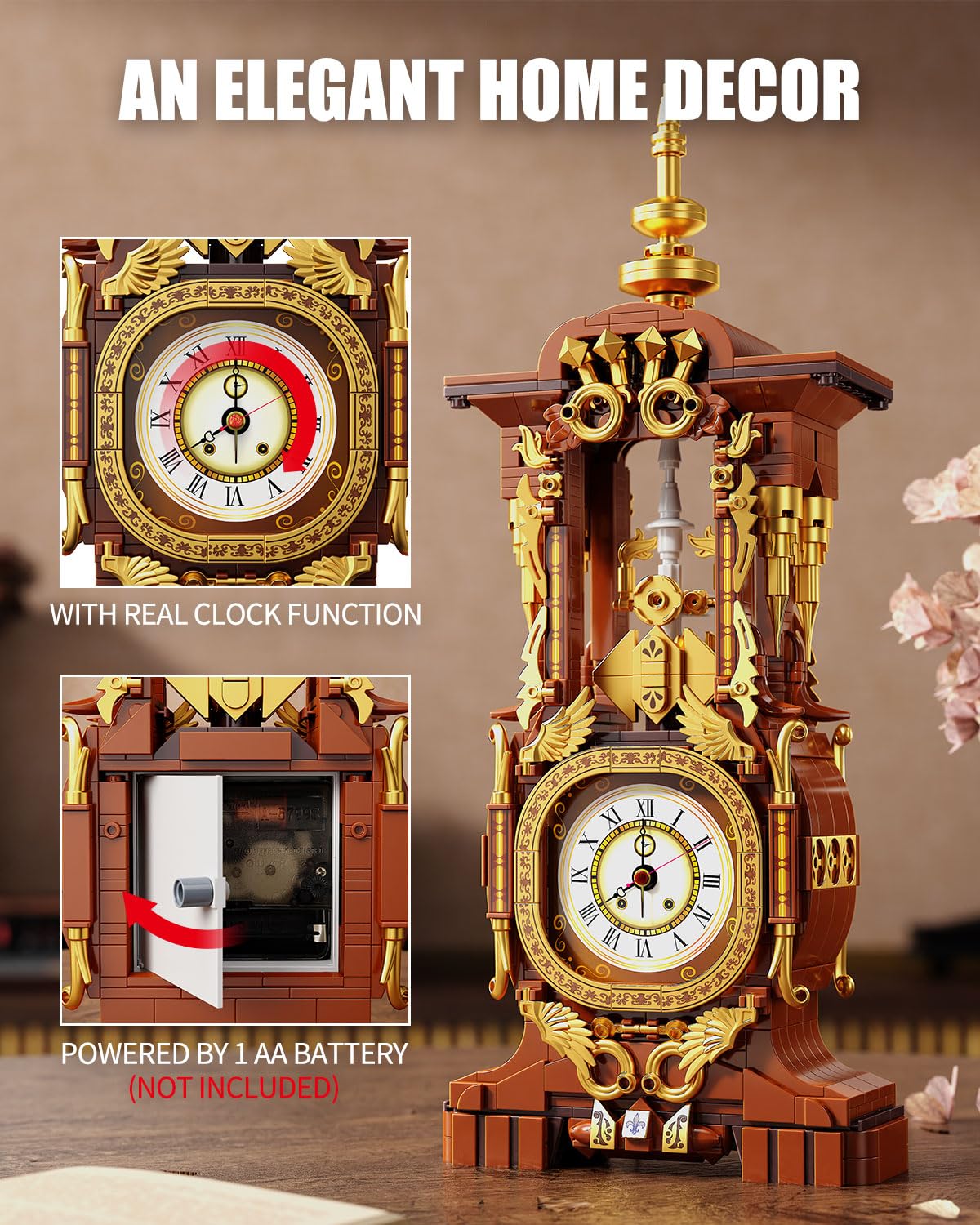 TYCOLE Vintage Clock Building Block Set illuminated gear control demonstrates nighttime readability