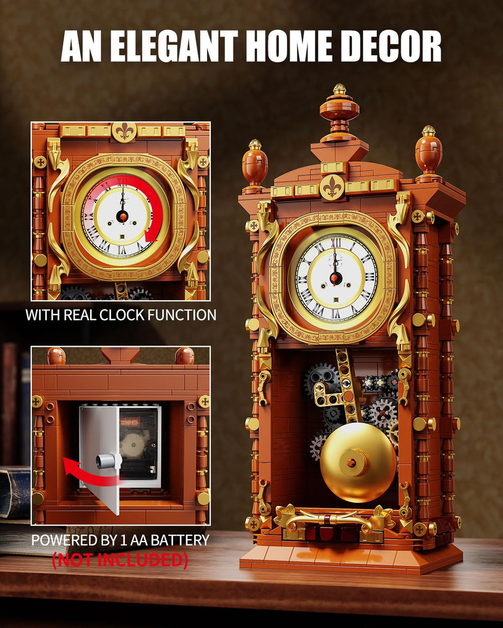TYCOLE Vintage Pendulum Clock Block Set back view reveals battery access for real clock action.