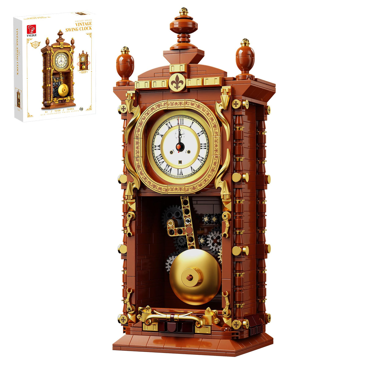 TYCOLE Vintage Pendulum Clock Block Set front view shows functional gears for educational play.