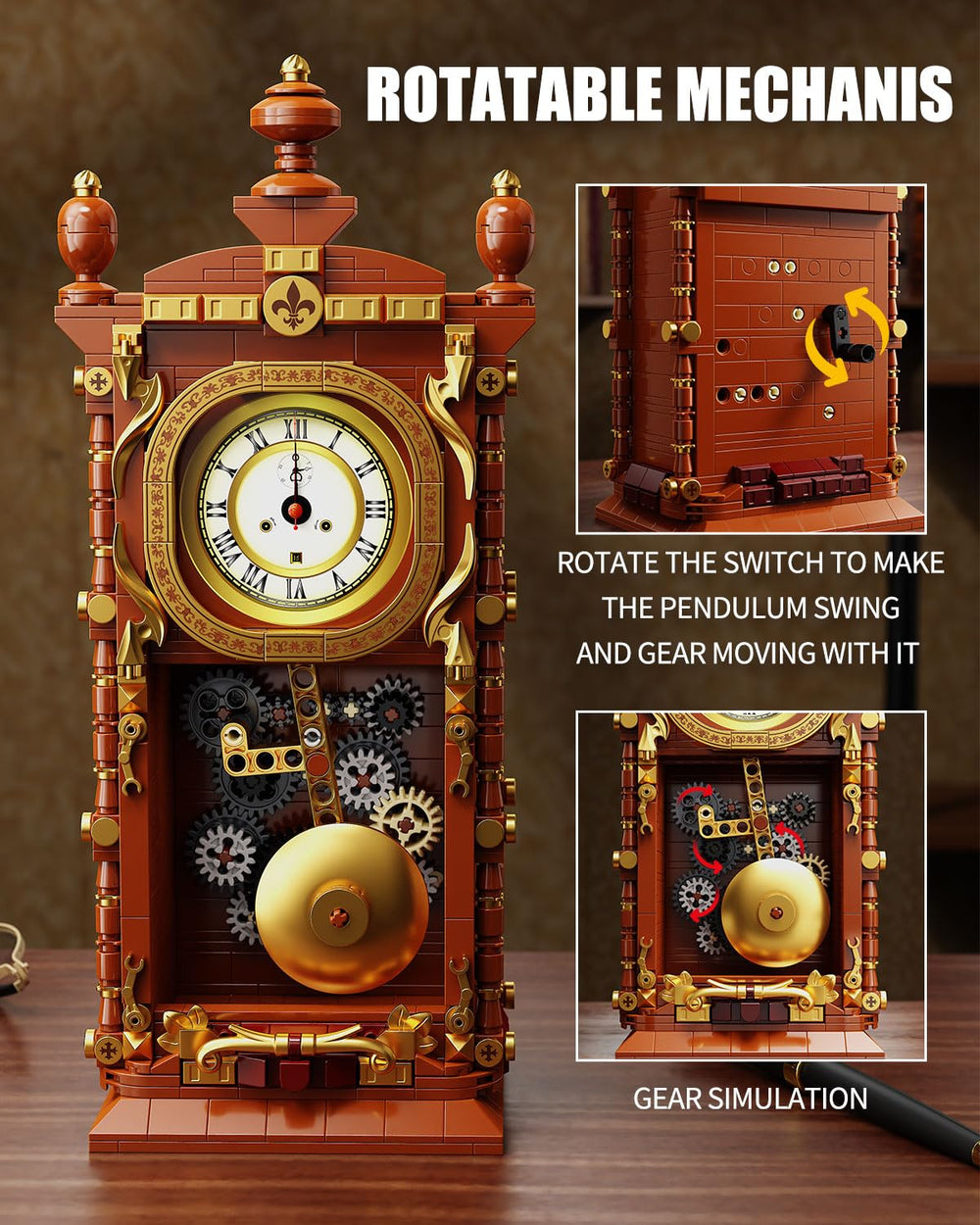 TYCOLE Vintage Pendulum Clock Block Set pendulum swing captures kinetic motion and timing.