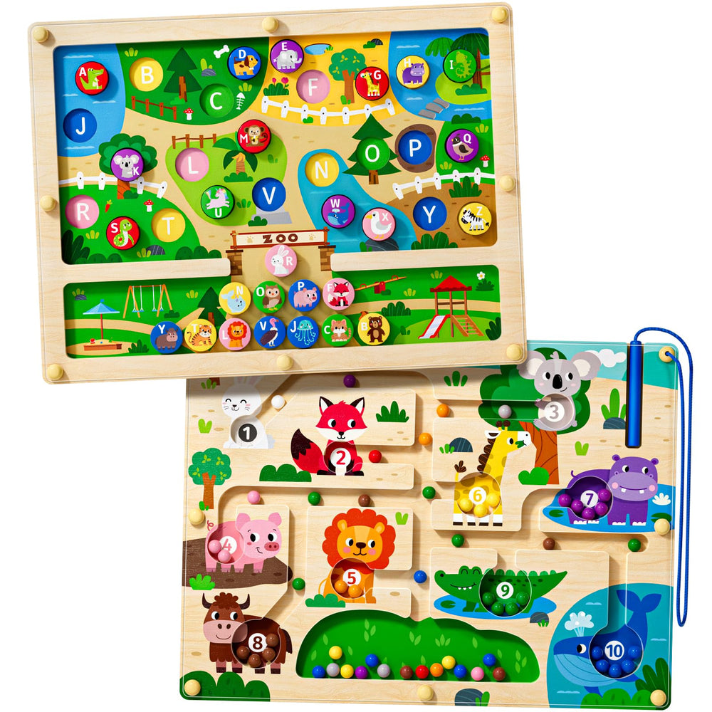 Tymokcall Magnetic Maze board with double-sided zoo maze boosts color recognition and counting.