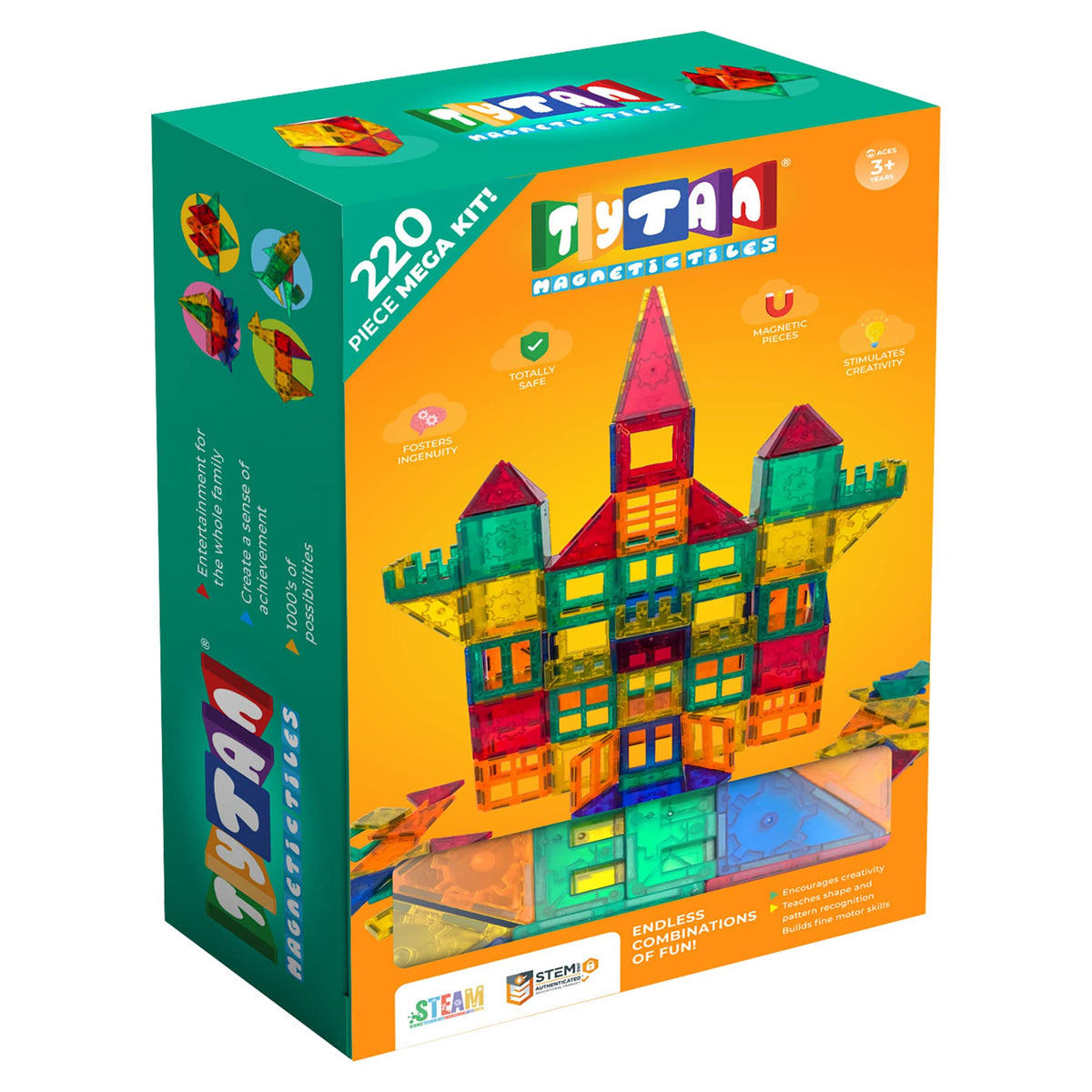 Tytan Tiles hero packaging showcases the 220-piece magnetic building set for creative play