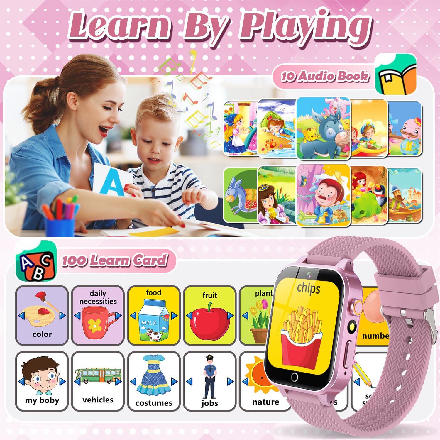 Tywop Kids Watch display shows 26 puzzle games for curiosity and learning.