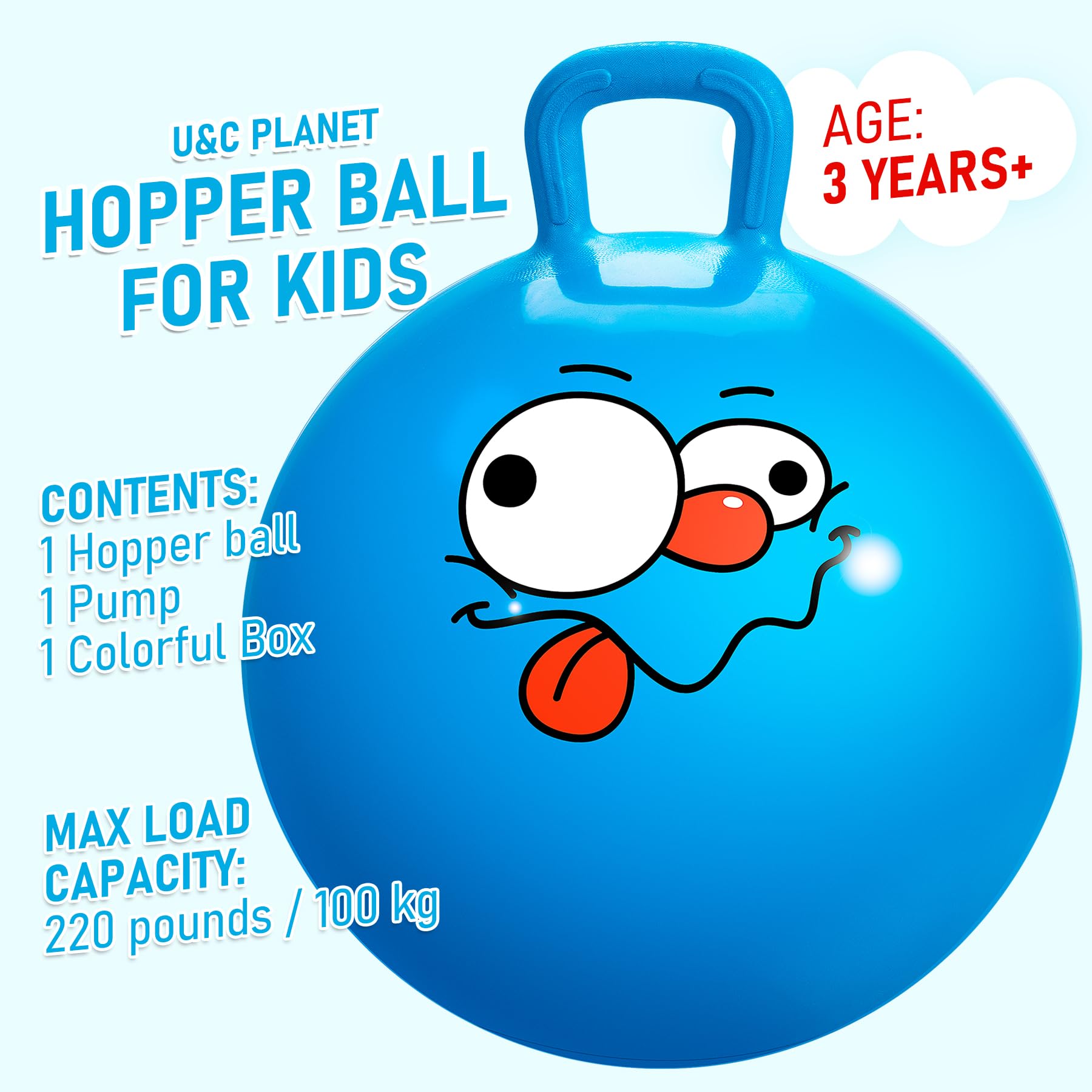U&C Planet hopper ball blue handle close-up shows grip-friendly design.
