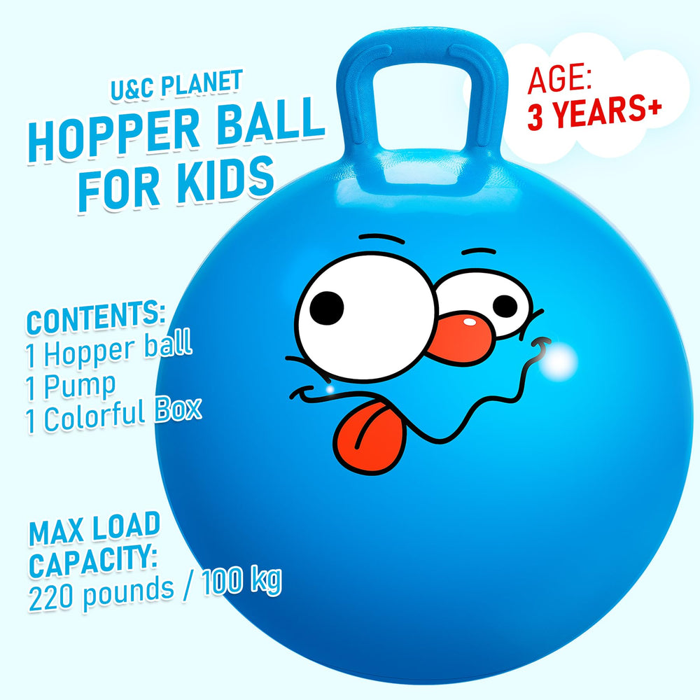 U&C Planet hopper ball blue handle close-up shows grip-friendly design.
