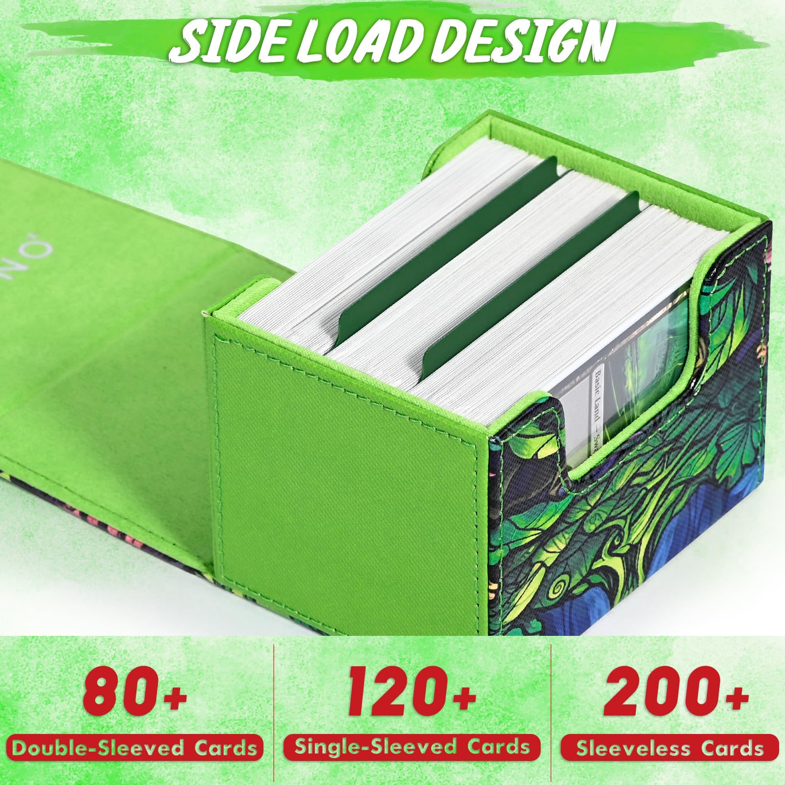 Side-loading deck box fits standard commander decks up to 120 sleeved.