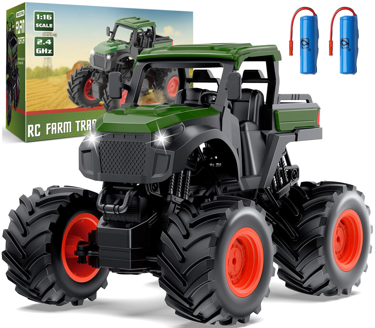 Uarzt 1:16 RC tractor front view with blinking headlights for authentic farm play.