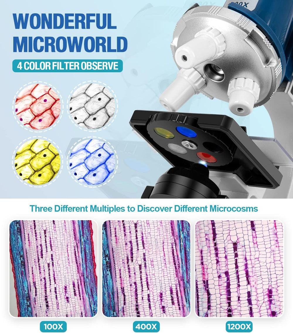 Uarzt microscope offers 100x-1200x magnification for exploring tiny details.