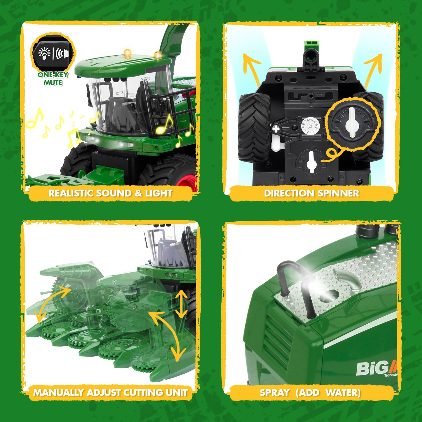 Uarzt RC harvester toy side view showing interchangeable harvesting heads for versatility
