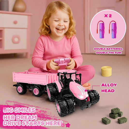 Uarzt pink RC tractor on carpet demonstrates strong wheel traction