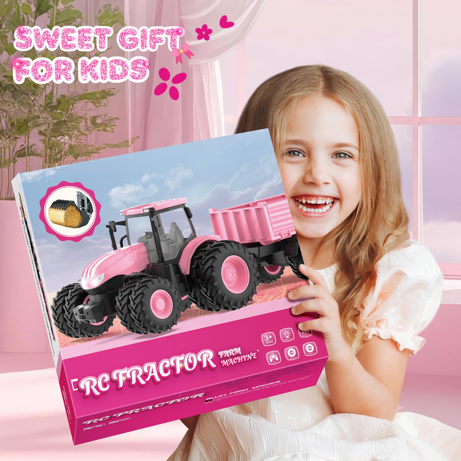 Uarzt pink tractor with cow figure supports nurturing play