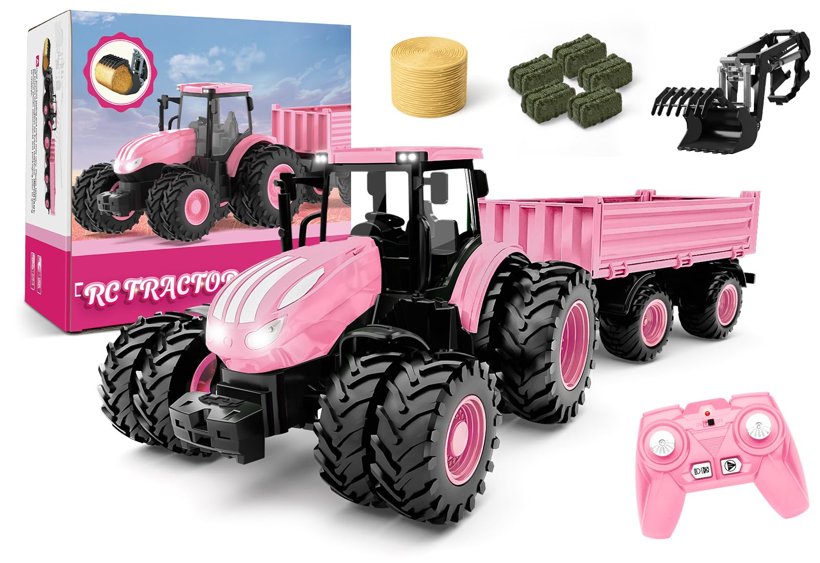 Uarzt pink RC tractor with front loader for imaginative farm play