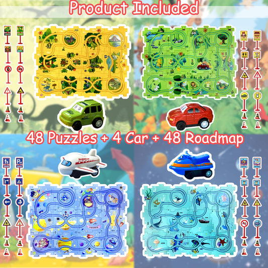 Ubegger Puzzle Racer four toy cars ready for imaginative play.