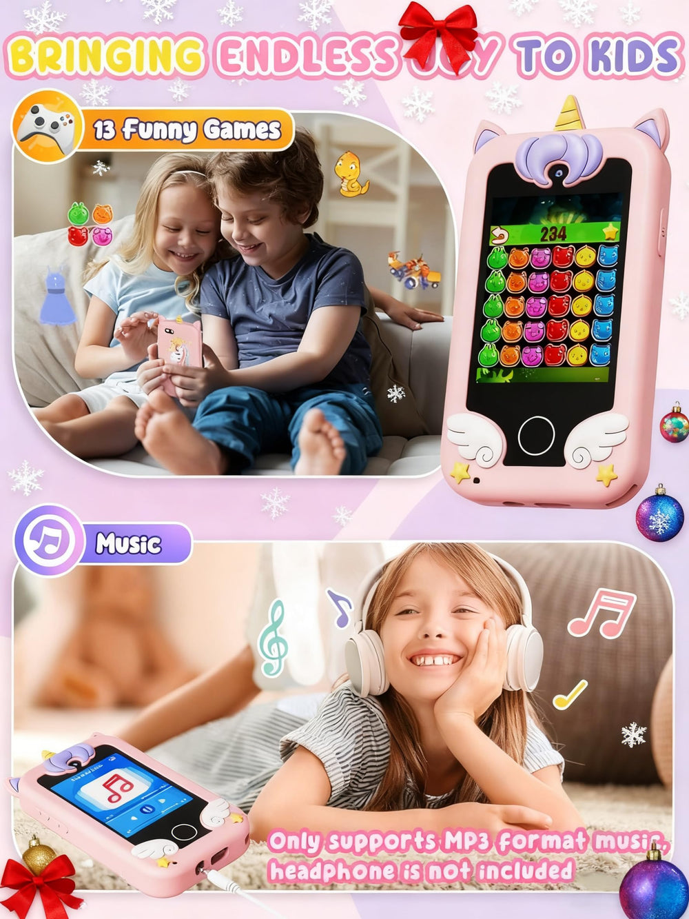 UCIDCI Unicorn Kids Smart Phone 2.8-inch touchscreen supports easy learning adventures.