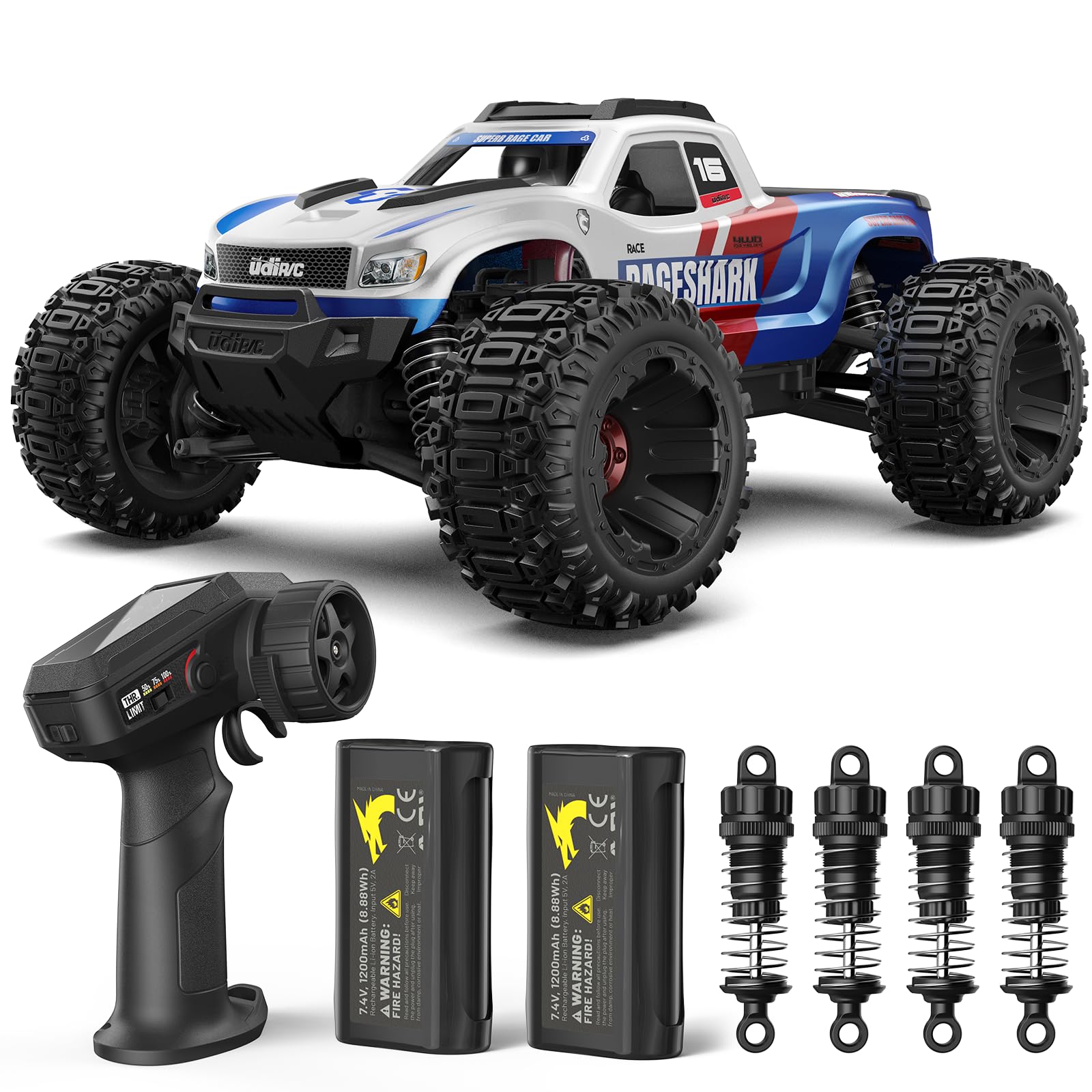 UDIRC Fast All-Terrain RC Car front view showcases rugged chassis for outdoor adventures.