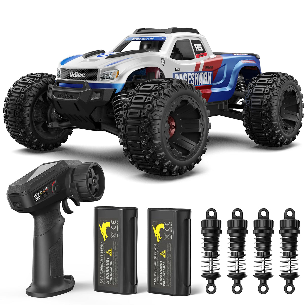 UDIRC Fast All-Terrain RC Car front view showcases rugged chassis for outdoor adventures.